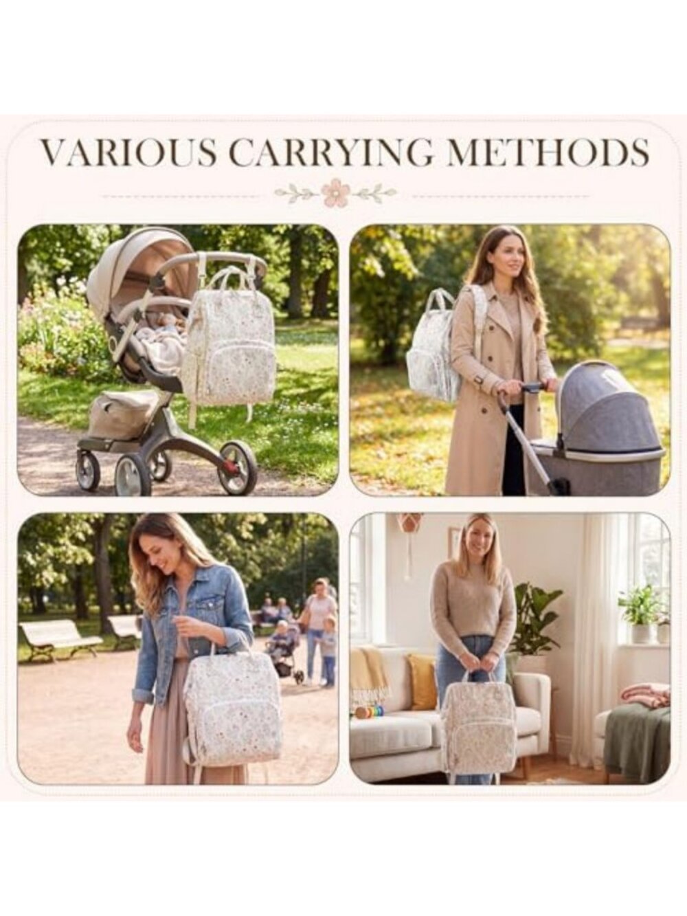 Stylish Floral Diaper Bag Backpack for Moms - Lightweight & Cute Design - Picture 6 of 6